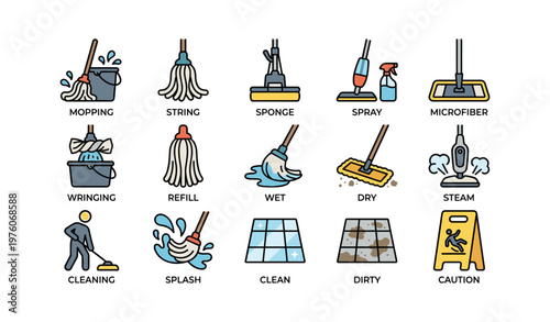 Cleaning icons set: mopping, spraying, vacuuming, caution signs, spill cleanup tools
