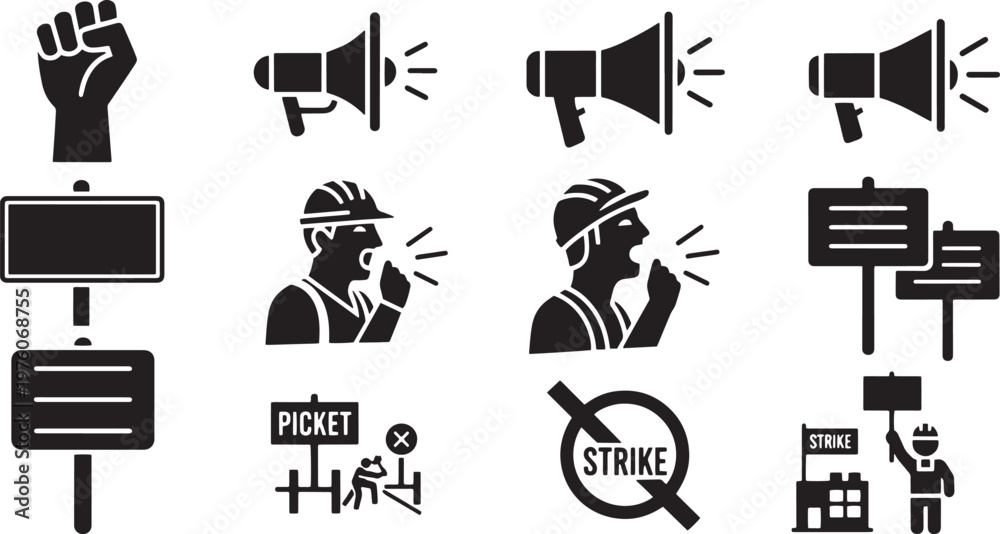 Fototapeta premium Strike protest and workers rights vector icons set. megaphone, raised fist, picket sign, and demonstration symbols