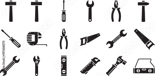 Tools silhouette collection set construction worker equipment and household repair instruments vector illustration