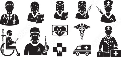 Medical staff and equipment silhouettes set healthcare and medicine vector icons collection. doctor, nurse, and dental care