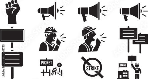 Strike protest and workers rights vector icons set. megaphone, raised fist, picket sign, and demonstration symbols