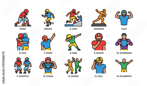 Illustrated football celebration moves including dab and flex with diverse male figures