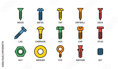 Colorful assortment of screws, bolts, and fasteners for various applications