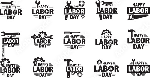 Happy labor day typographic emblem set for celebration of workers and their contributions vector design collection