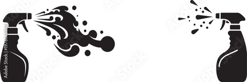 Spray bottle dispensing liquid droplets and abstract fluid explosion silhouette