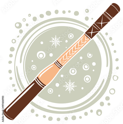 Handcrafted Didgeridoo With Wintertime Snowflakes Circle Background Element