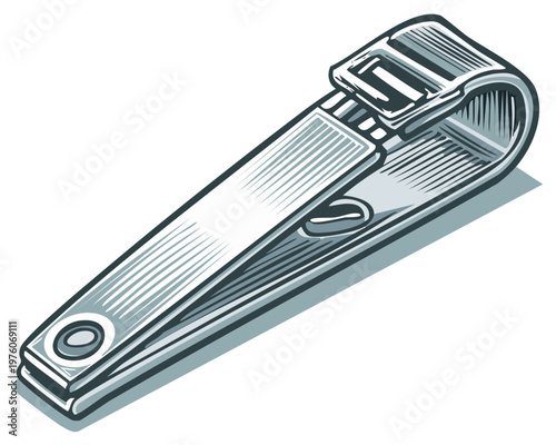Nail clipper illustration, showing the metal tool in a detailed line art style.