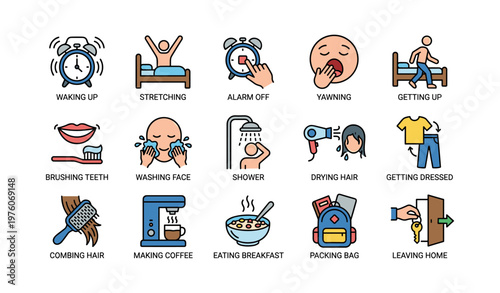 Daily morning routine icons: alarm, stretching, yawning, hygiene, breakfast, leaving