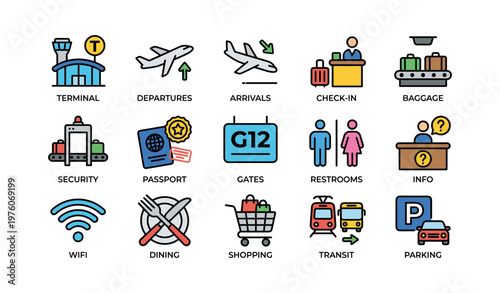Airport icons: terminal, departures, arrivals, check-in, baggage, security, passport, gates, restrooms