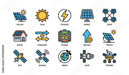 Solar energy icons: sun, power, panel, grid, and satellite designs