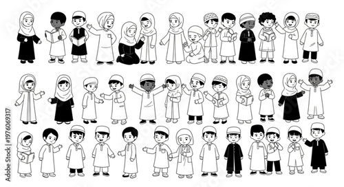 Group of children in traditional attire, black and white illustration.