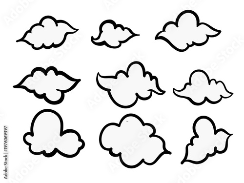 Cloud icon in black line, with different shapes