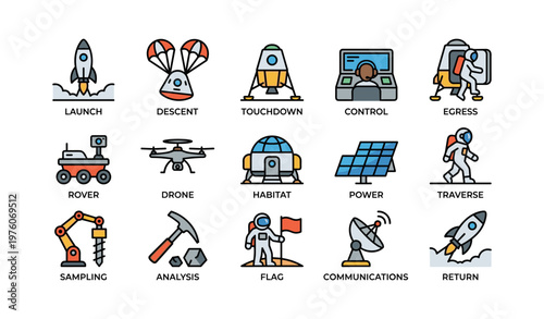 Space exploration missions icons: launch, descent, rovers, and more