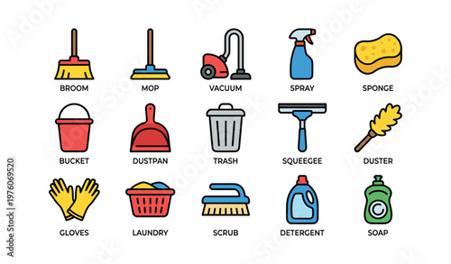 Essential cleaning tools set: broom, mop, vacuum, spray, sponge, and more