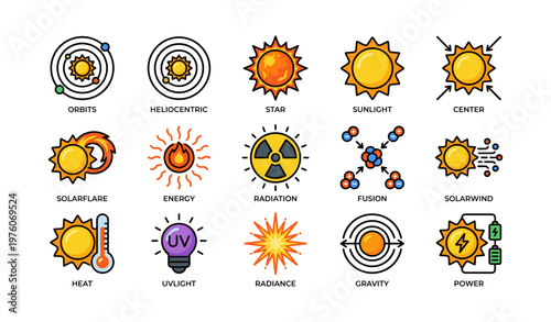 Set of solar system and energy icons featuring sun, orbits, and power symbols