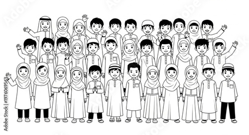 Group of children in traditional attire, smiling and posing together.