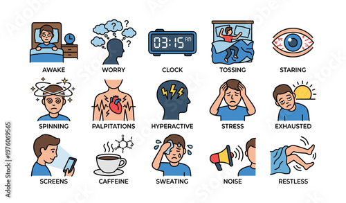 Icons illustrating sleep disorders and their effects on health and mental state