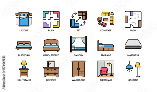 Bedroom furniture layout and design icons in colorful style