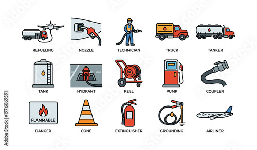 Fueling equipment and safety icons: refueling, technician, truck, pump, extinguisher