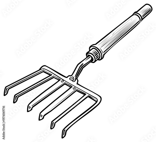 Garden Pitchfork Tool Hand Drawn Illustration for Cultivating and Turning Soil