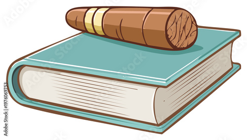 Illustrated cigar with gold band on a closed teal book perfect for reading and relaxation