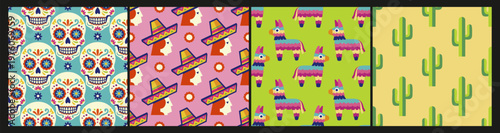 Cinco de Mayo. Vector set of various vibrant seamless patterns. Sugar skulls, mexicans, pinatas, cacti