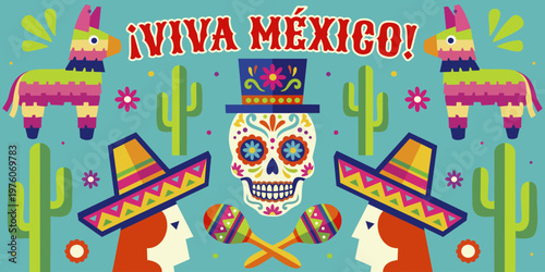 Viva Mexico! Cinco de Mayo festive poster. Vibrant vector illustration.