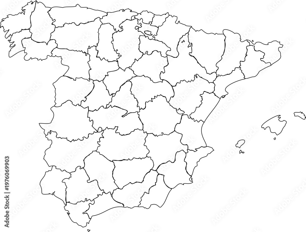Obraz premium Blank Outline Map of Spain with Provincial Borders and Balearic Islands
