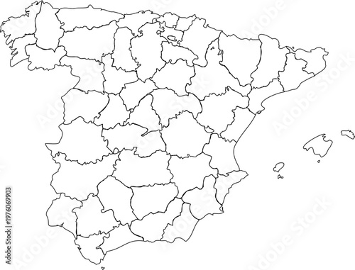 Blank Outline Map of Spain with Provincial Borders and Balearic Islands