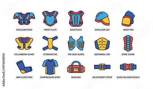 Colorful sports armor components and protective gear collection