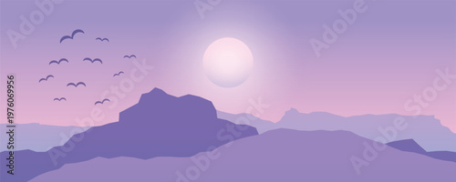 Minimalist flat vector illustration of purple mountain silhouettes at dusk with a large glowing white sun or moon in a gradient pink and purple sky and flock of flying birds