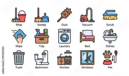 Colorful home cleaning icons featuring household chores and tools
