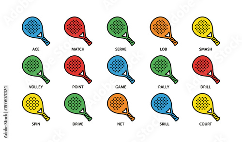 Colorful paddle icons for tennis and pickleball with keywords