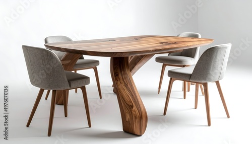 Modern dining set with a unique, organically shaped wooden table and four upholstered chairs against a plain white backdrop