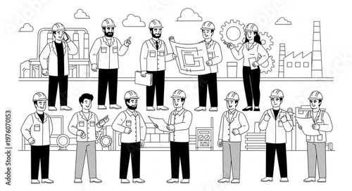 Group of construction workers in hard hats and safety vests standing together.