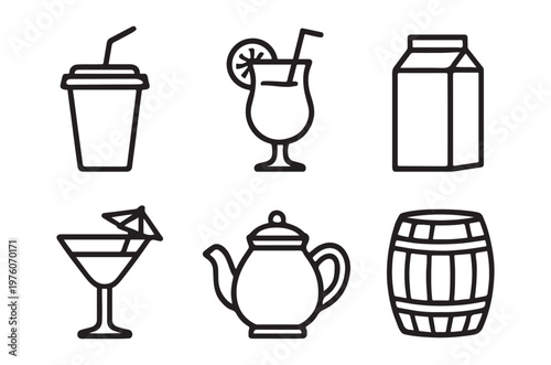 Collection of beverage containers and drinks in a linear style