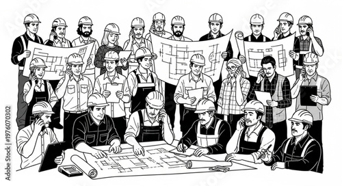 Group of construction workers reviewing blueprints and plans for a project.