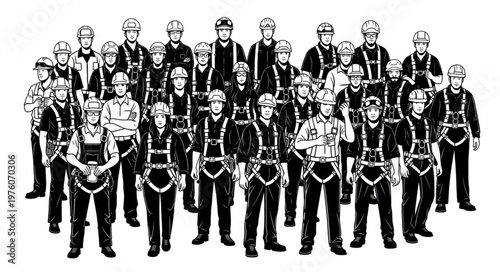 Group of construction workers wearing safety harnesses and hard hats.