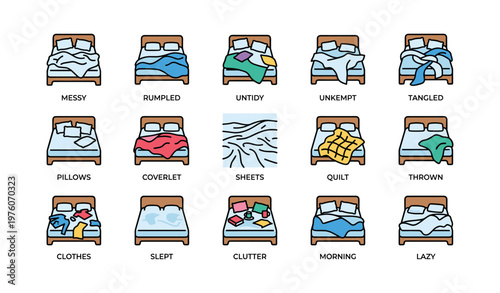 Variety of unmade beds illustrating messy and organized styles