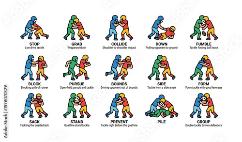 American football tackling techniques illustrated - diverse players engaged in defensive maneuvers