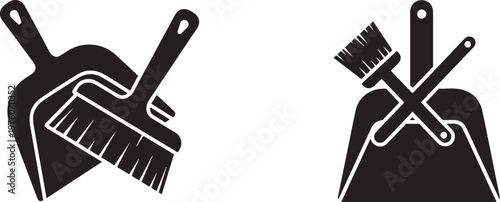 Two dustpan and brush sets in silhouette isolated on white background