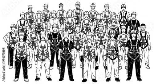 Group of construction workers wearing safety harnesses and hard hats.