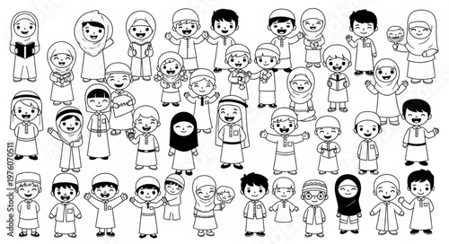 Group of diverse cartoon people in traditional attire.