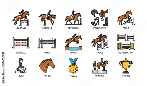 Equestrian icons set with horse rider jumps, equipment, and awards