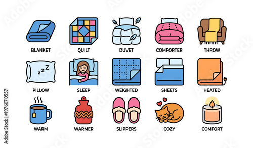 Cozy home essentials: blanket, quilt, duvet, comforter, throw, pillow, weighted, sheets, heated, warm comfort