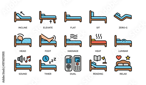 Adjustable bed icons representing features such as zero-g, massage, heated, reading, relaxation