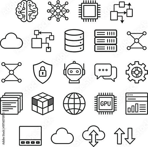 Artificial Intelligence Icons – Neural Network and Data Outline Set