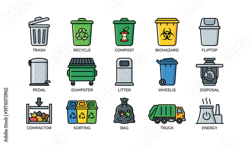Waste management icons illustrating trash recycle compost and dumpster variations
