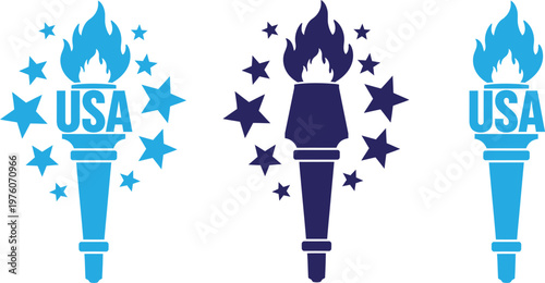 Celebrating independence day patriotic statue of liberty torches with usa emblems and sparkling fireworks