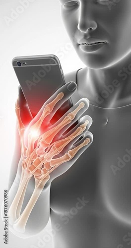 Medical illustration showing wrist pain and smartphone use